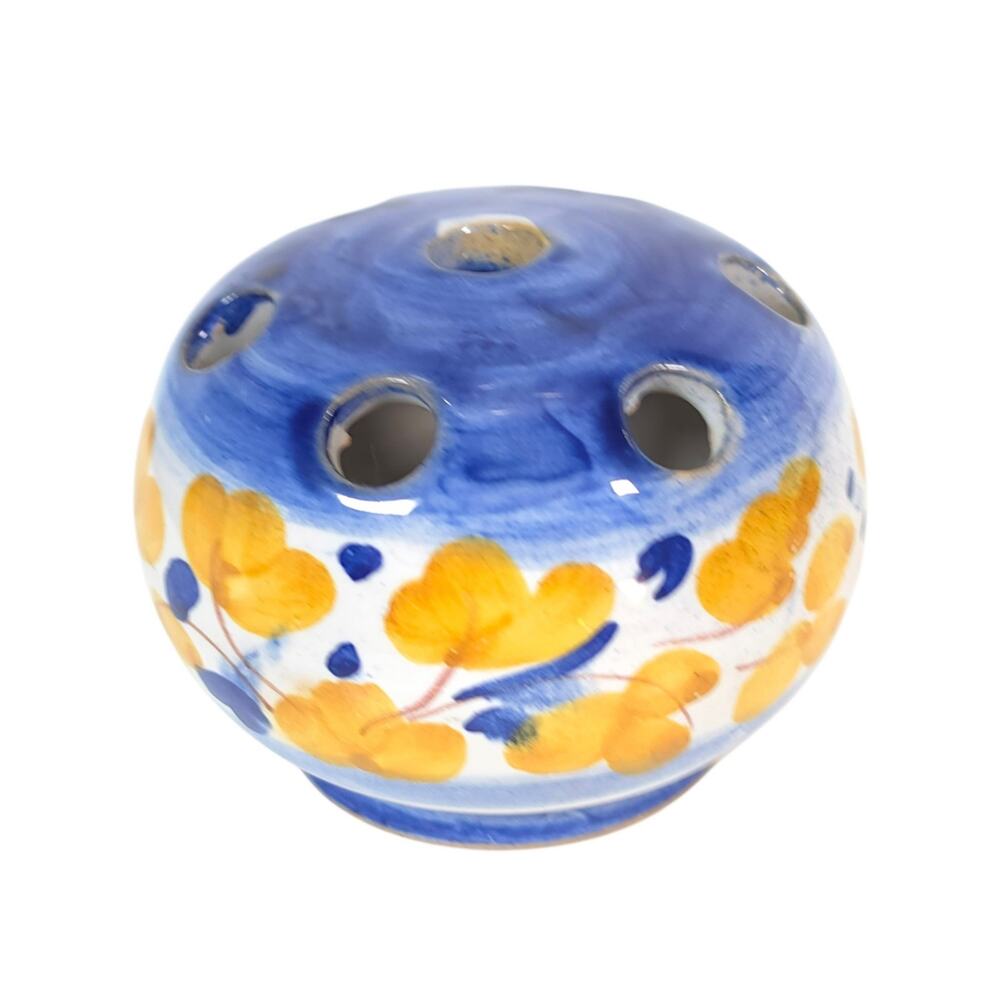 Vintage Italian Pottery Flower Frog Bud Vase Blue Yellow Hand Painted Italy